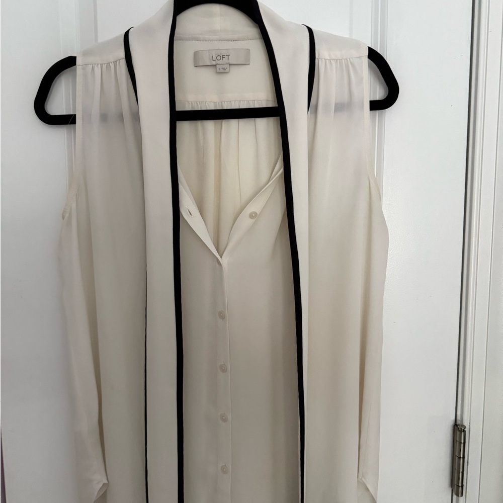 LOFT Cream Sleeveless Blouse with Black Trim